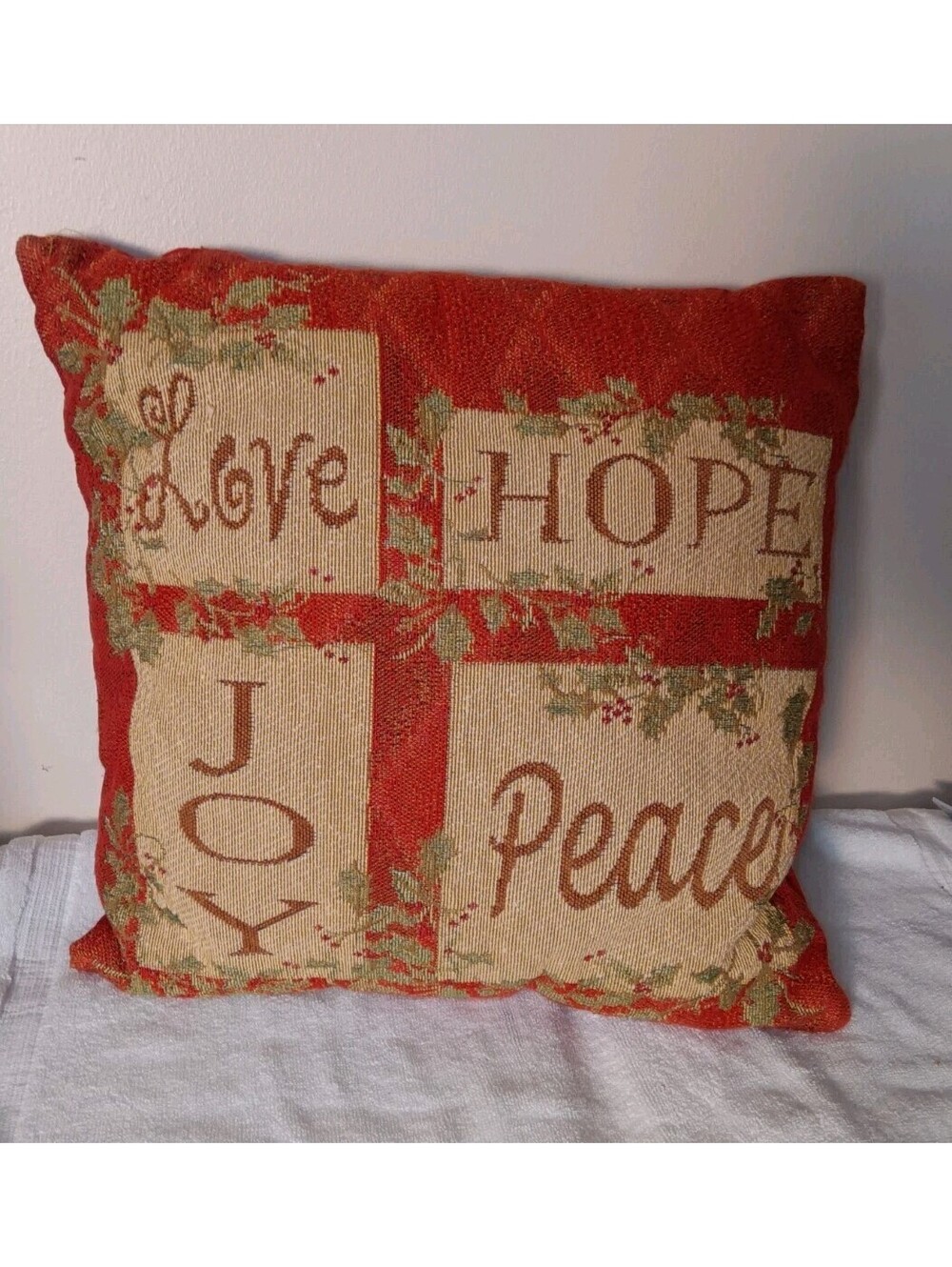 Vintage Christmas Tapestry Throw Pillow Love Hope Joy Peace Holiday Red Cream